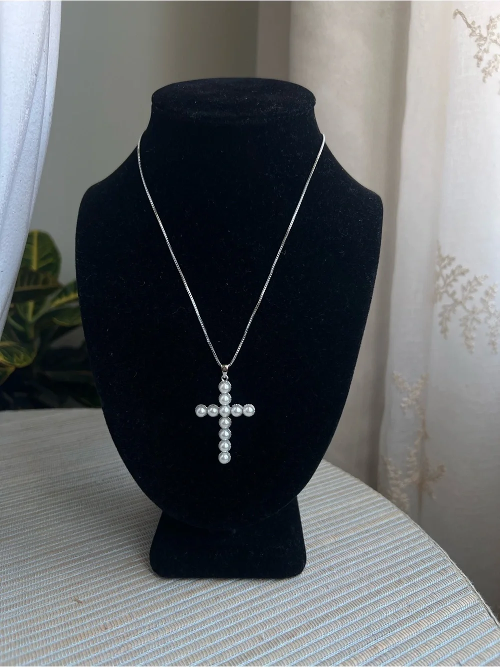 🩷-Silver Pearl Cross Pendant Necklace